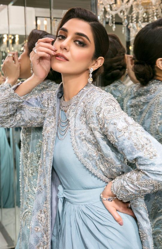 Ice Blue Embroidered Georgette Gown with Jacket (2-Piece) - Image 1