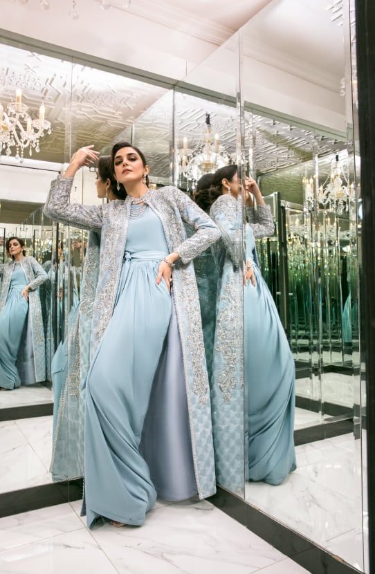 Ice Blue Embroidered Georgette Gown with Jacket (2-Piece) - Image 5