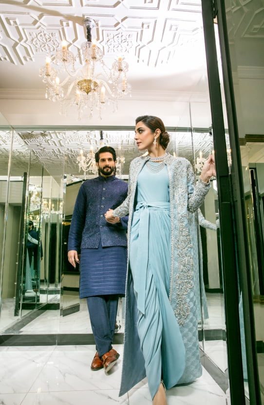 Ice Blue Embroidered Georgette Gown with Jacket (2-Piece) - Image 6