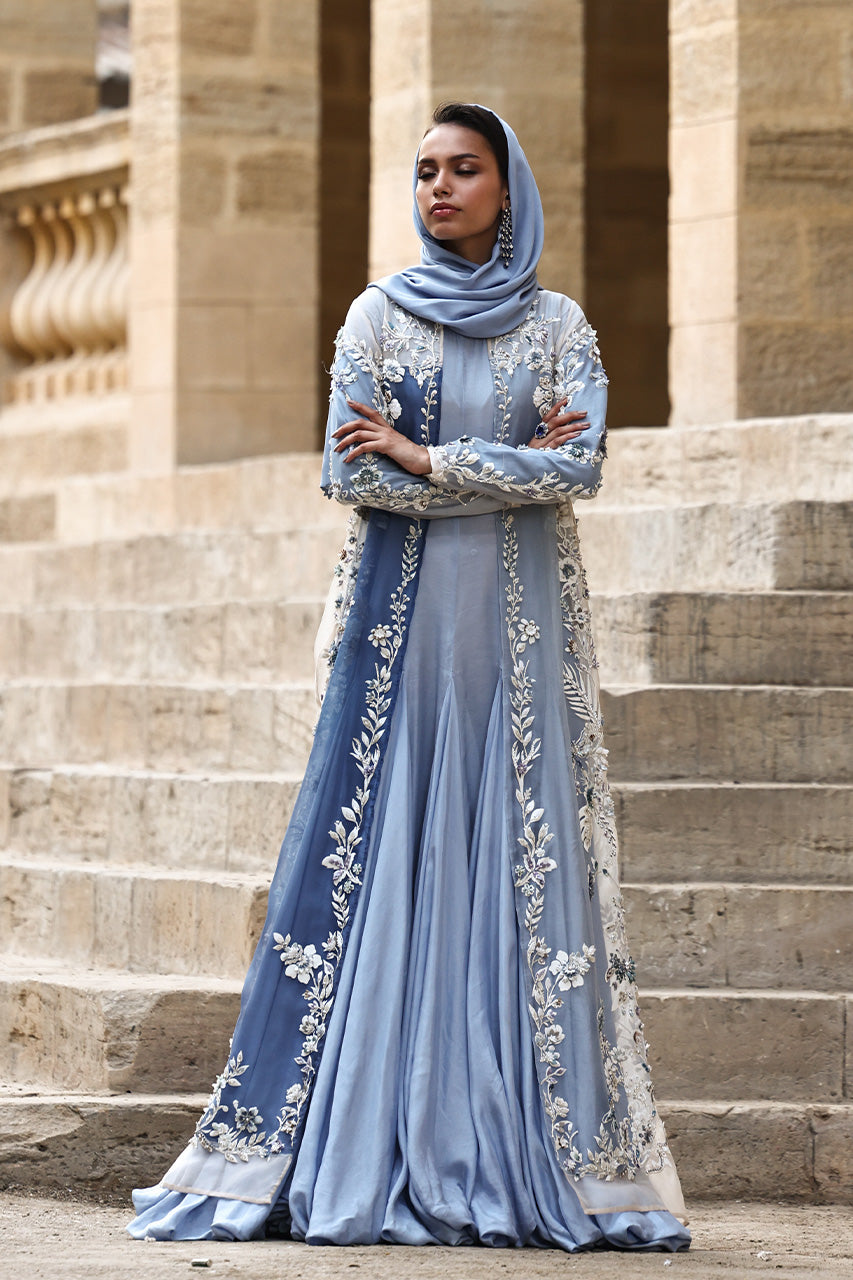 Powder Blue Embellished Organza Khaddi Silk Gown (3-Piece) - Image 1