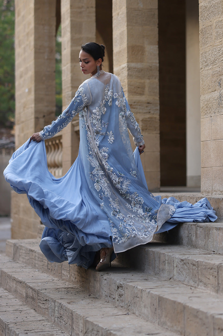 Powder Blue Embellished Organza Khaddi Silk Gown (3-Piece) - Image 3