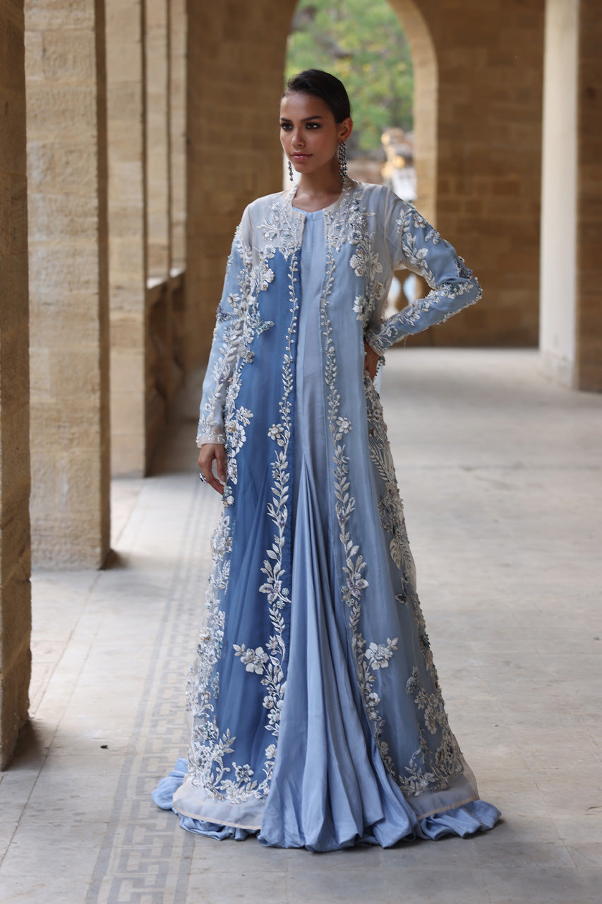 Powder Blue Embellished Organza Khaddi Silk Gown (3-Piece) - Image 4