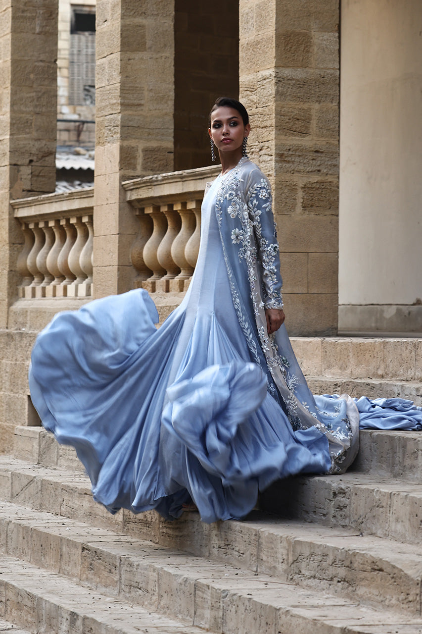 Powder Blue Embellished Organza Khaddi Silk Gown (3-Piece) - Image 5