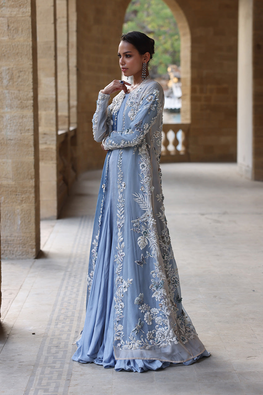 Powder Blue Embellished Organza Khaddi Silk Gown (3-Piece) - Image 6