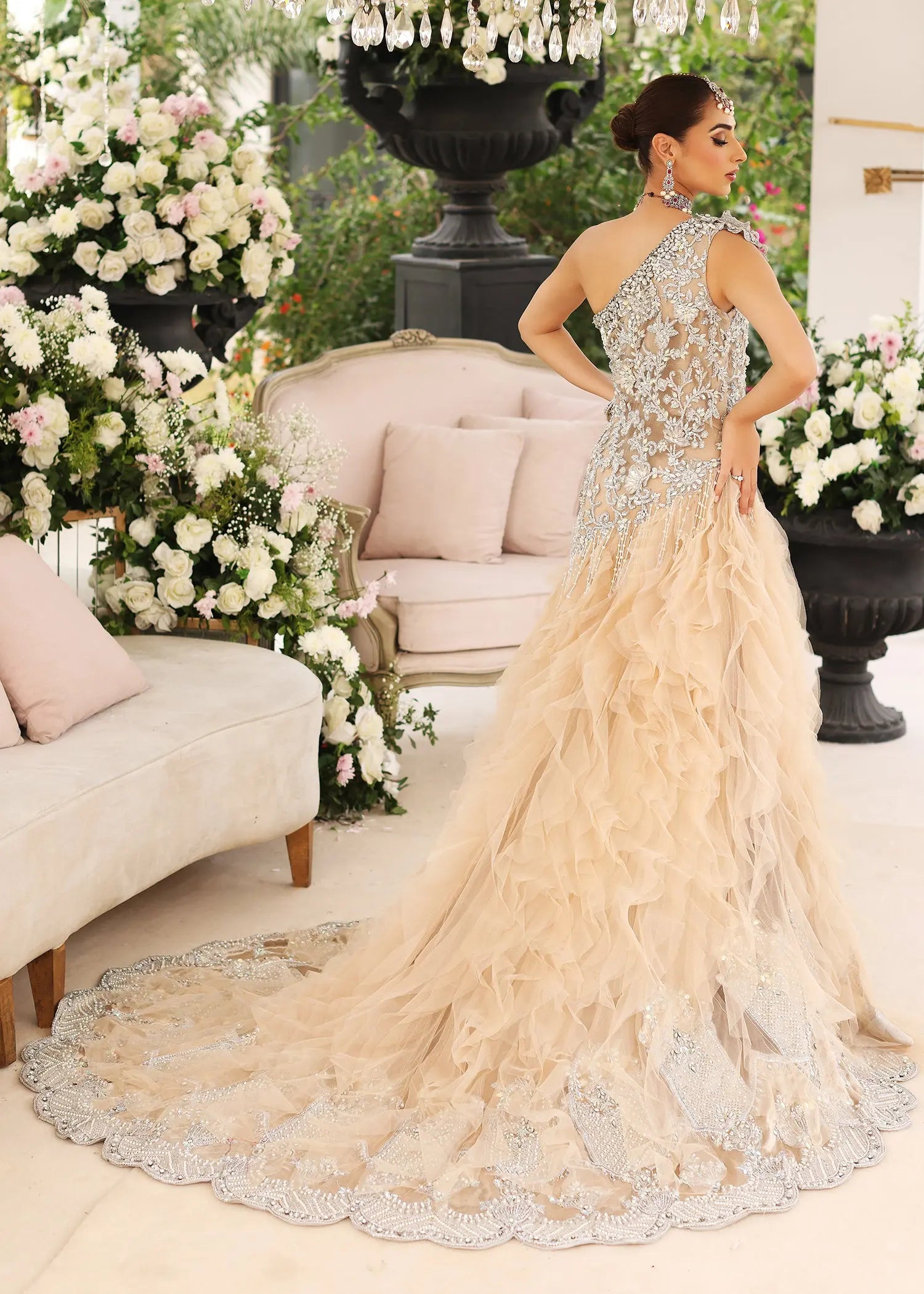 Pakistani Ice Blue Embellished Net & Tissue Gown (2-Piece) - Image 2