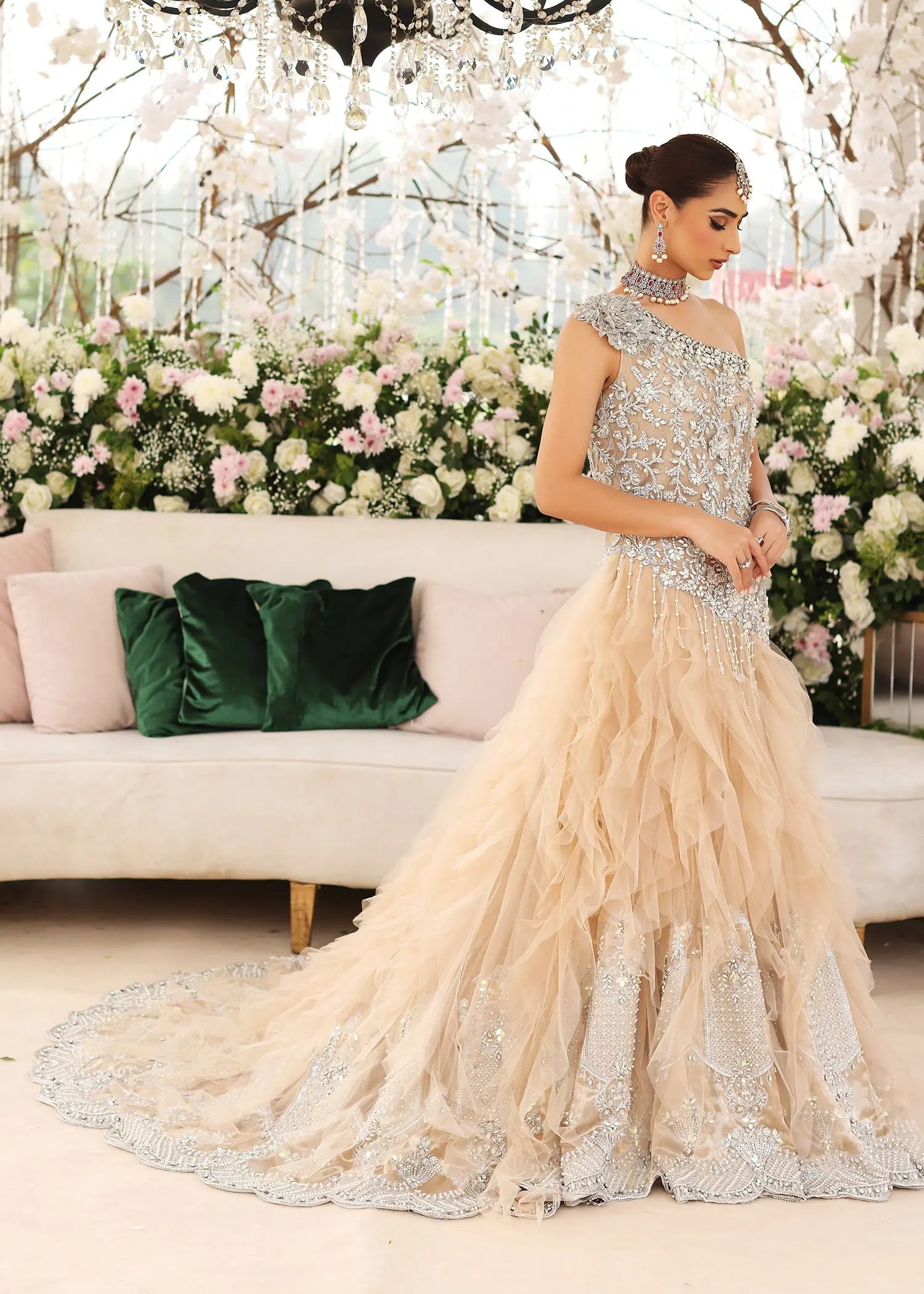 Pakistani Ice Blue Embellished Net & Tissue Gown (2-Piece) - Image 5