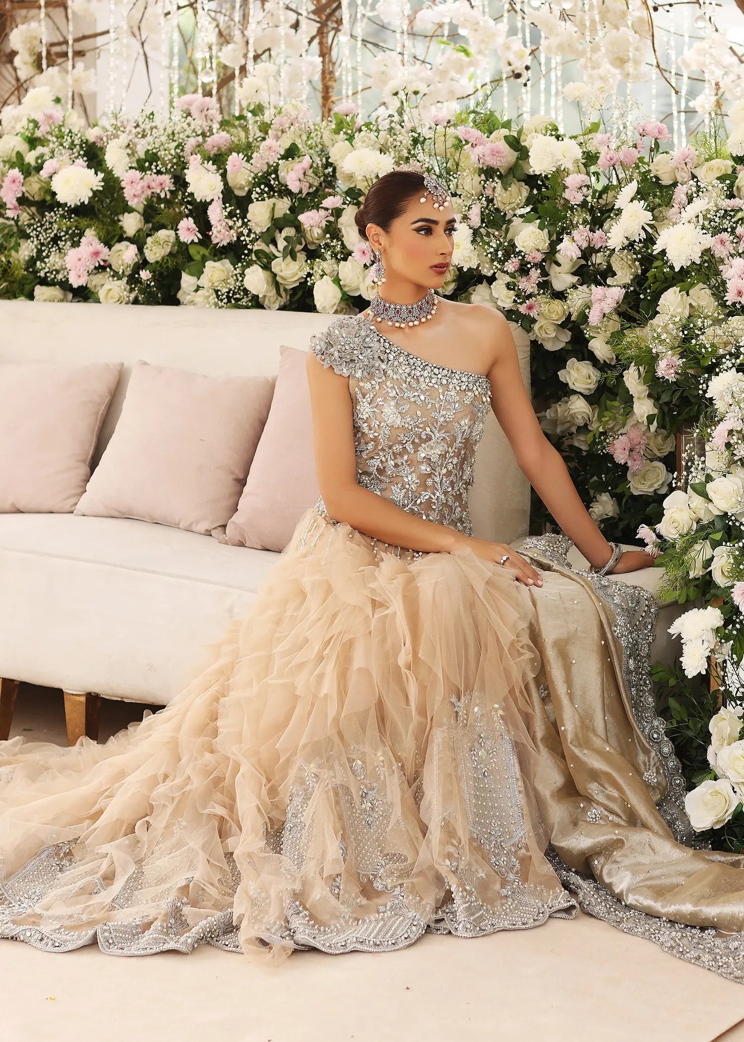 Pakistani Ice Blue Embellished Net & Tissue Gown (2-Piece) - Image 9