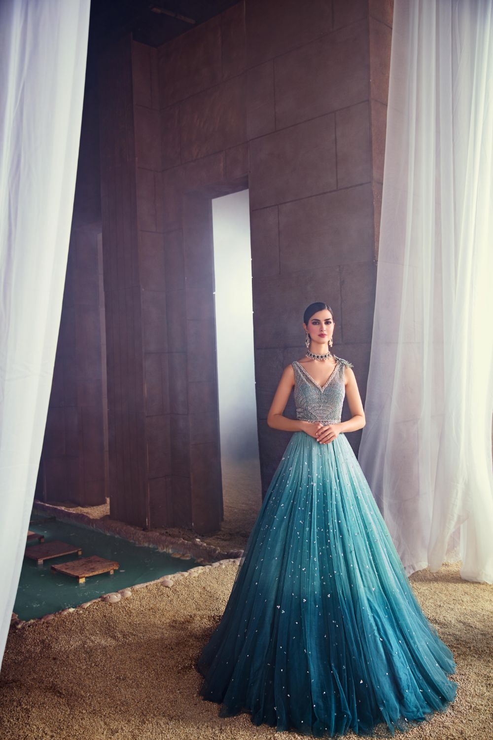 Pakistani Blue Gradient Embellished Net Maxi Dress (1-Pc) - Image 1