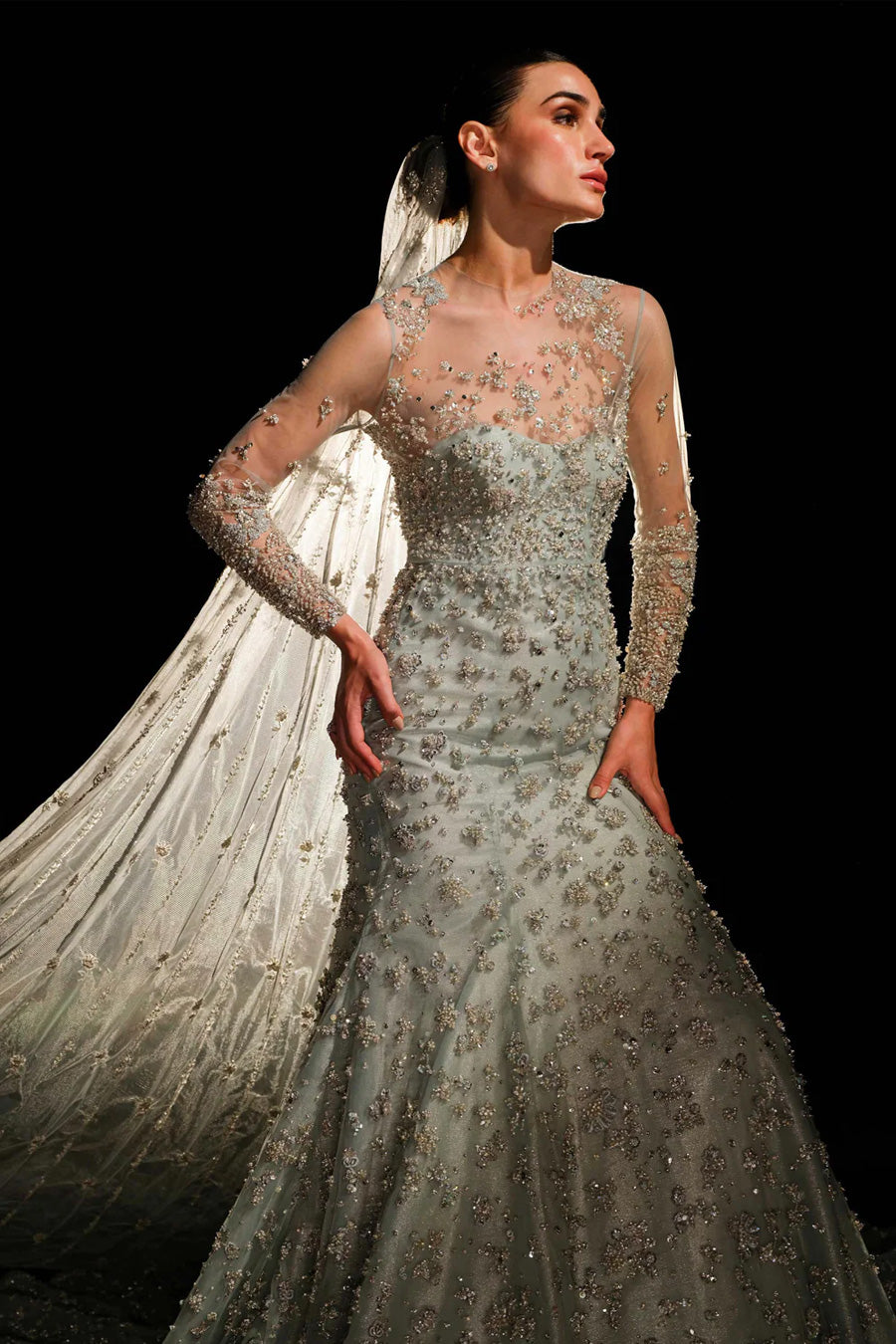 Ice-Blue Embellished Net Bridal Gown (2-Piece) - Image 4