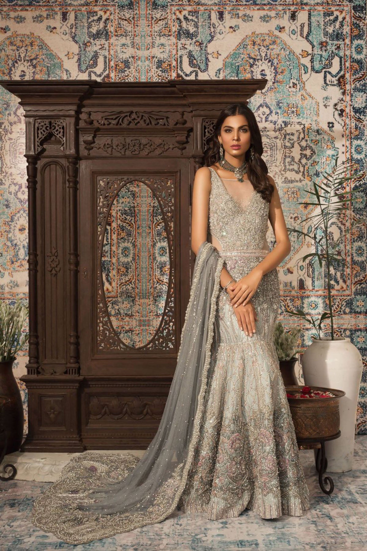 Pakistani Blue Grey Embellished Net Mermaid Gown (2-Piece) - Image 1