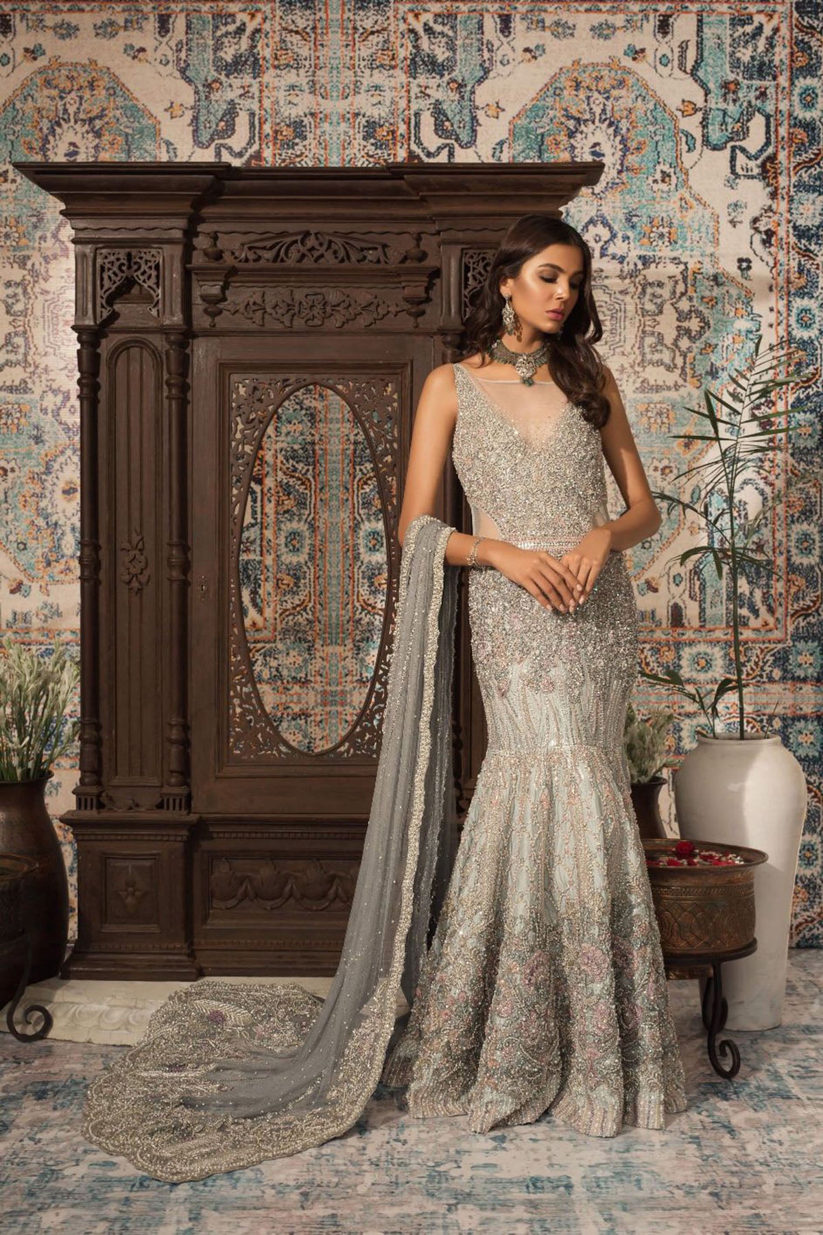 Pakistani Blue Grey Embellished Net Mermaid Gown (2-Piece) - Image 2
