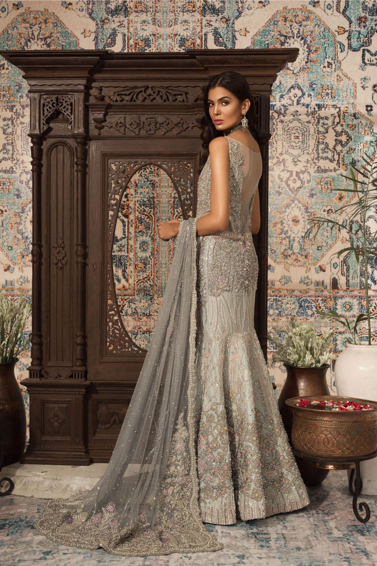 Pakistani Blue Grey Embellished Net Mermaid Gown (2-Piece) - Image 3