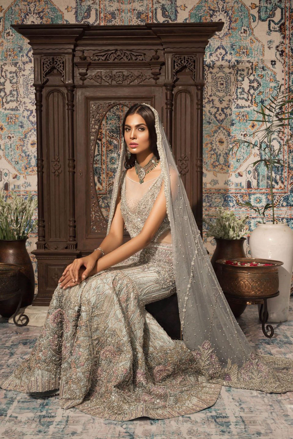 Pakistani Blue Grey Embellished Net Mermaid Gown (2-Piece) - Image 4