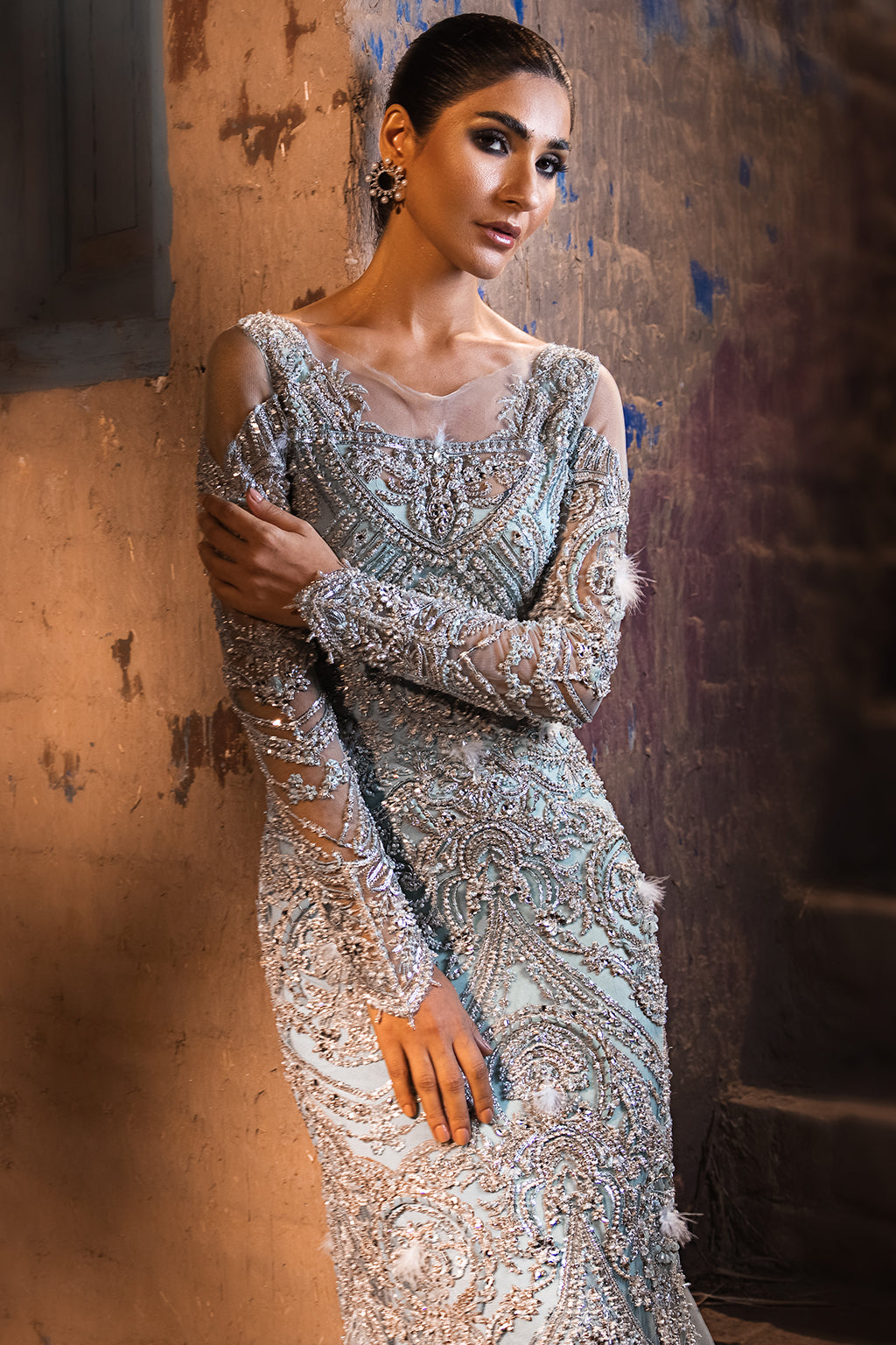 Pakistani Pastel Blue Embellished Net Mermaid Gown (1-Pc) - Image 6