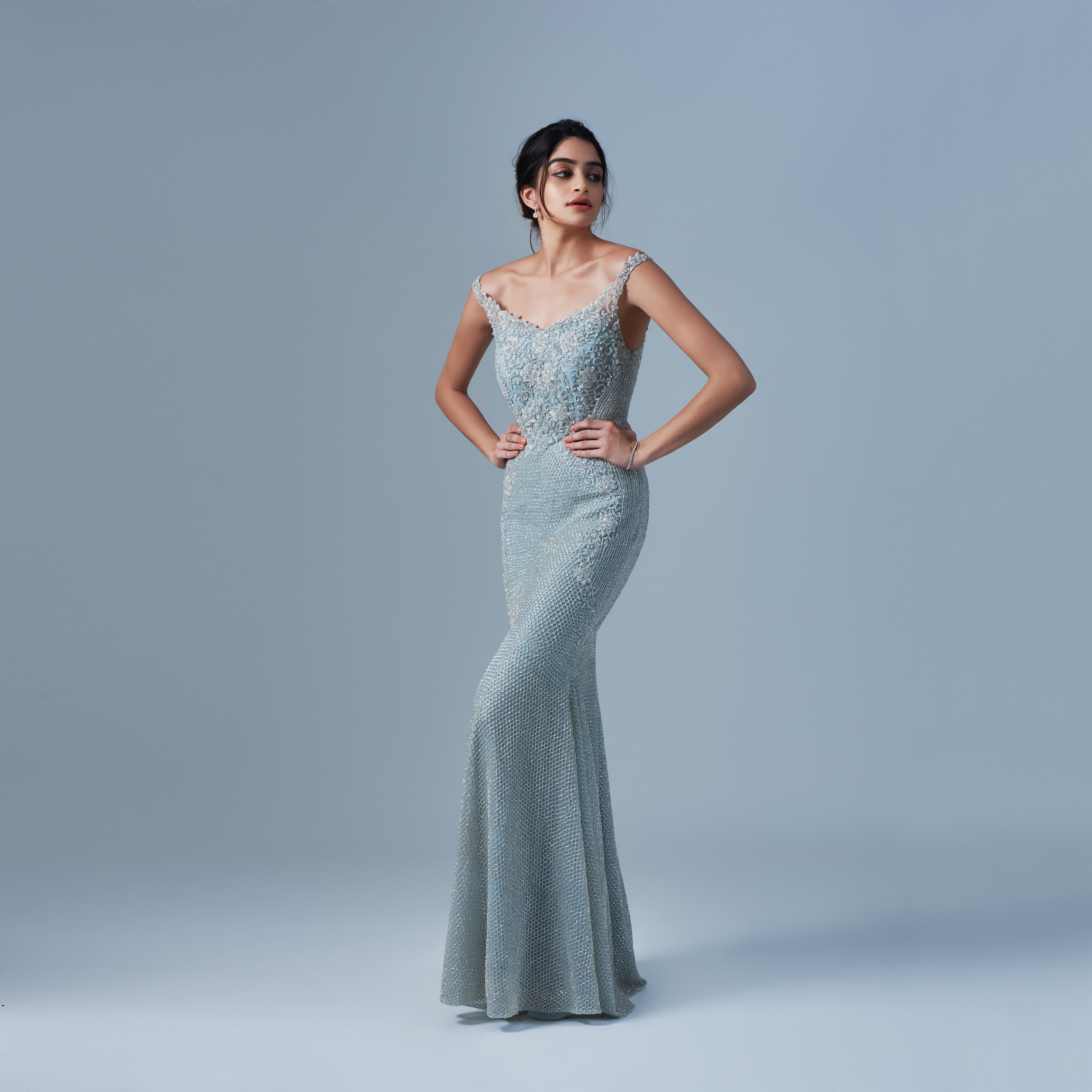 Indian Ice Blue Honeycomb Beaded Net Gown (1-Pc) - Image 1