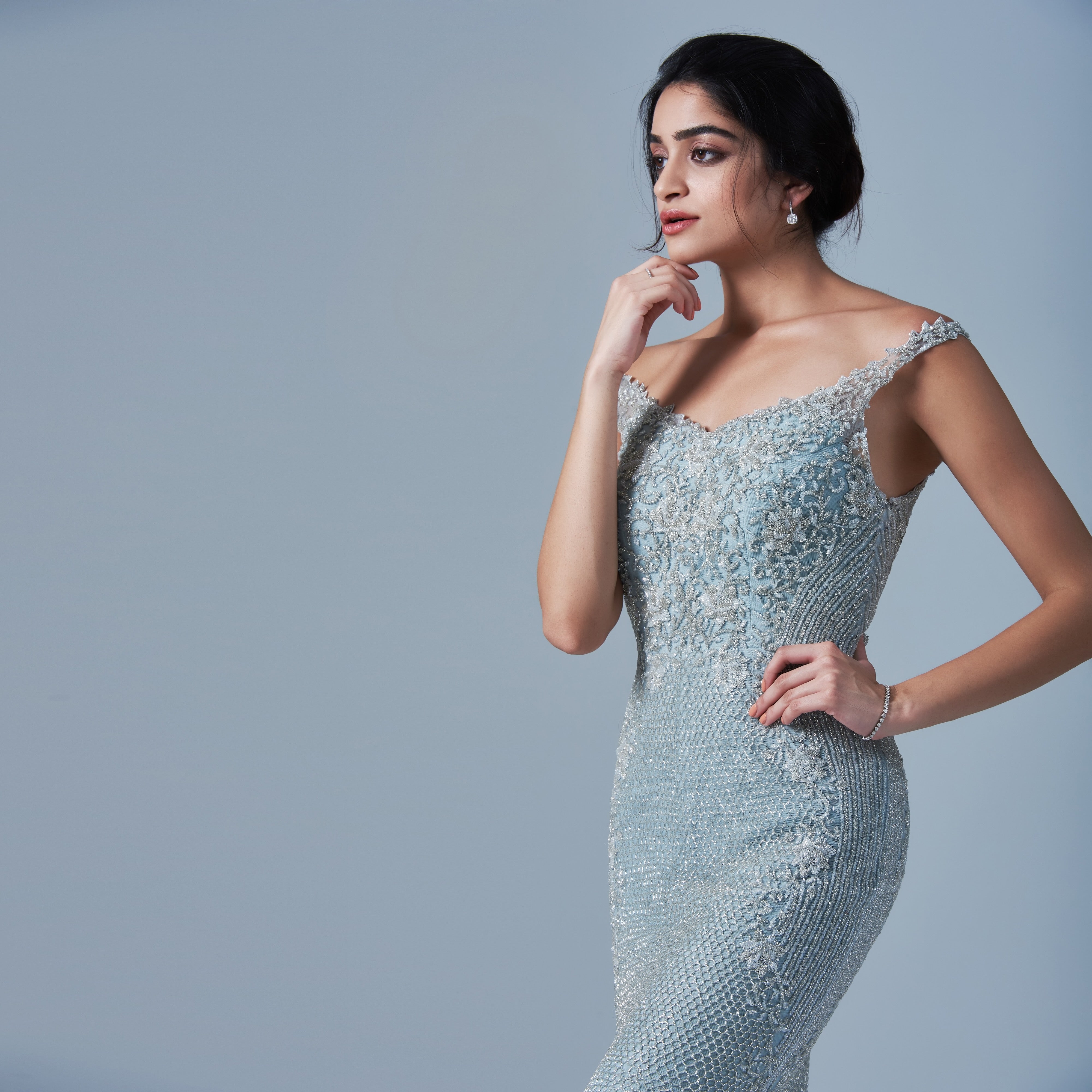 Indian Ice Blue Honeycomb Beaded Net Gown (1-Pc) - Image 2