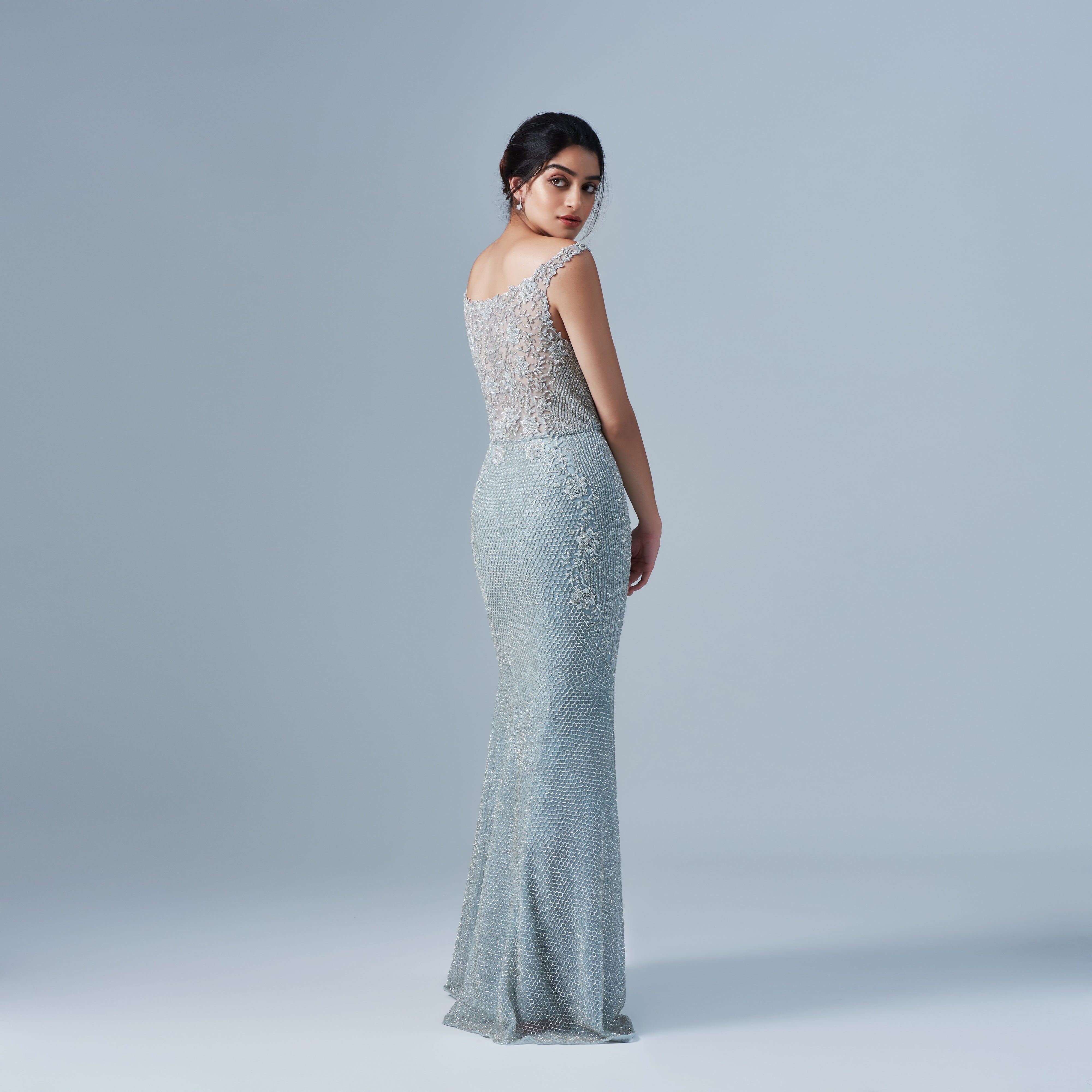 Indian Ice Blue Honeycomb Beaded Net Gown (1-Pc) - Image 3
