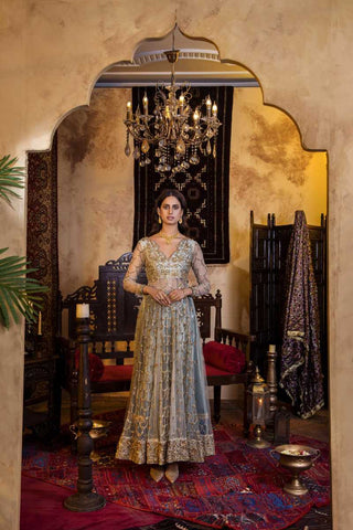 Pale Blue Embroidered Net Gown (1-Pc) - Image 2