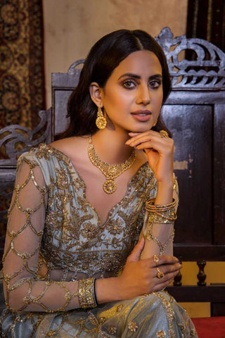 Pakistani Pale Blue Embroidered Net Gown (1-Pc) - Image 3