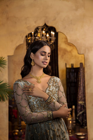 Pakistani Pale Blue Embroidered Net Gown (1-Pc) - Image 4