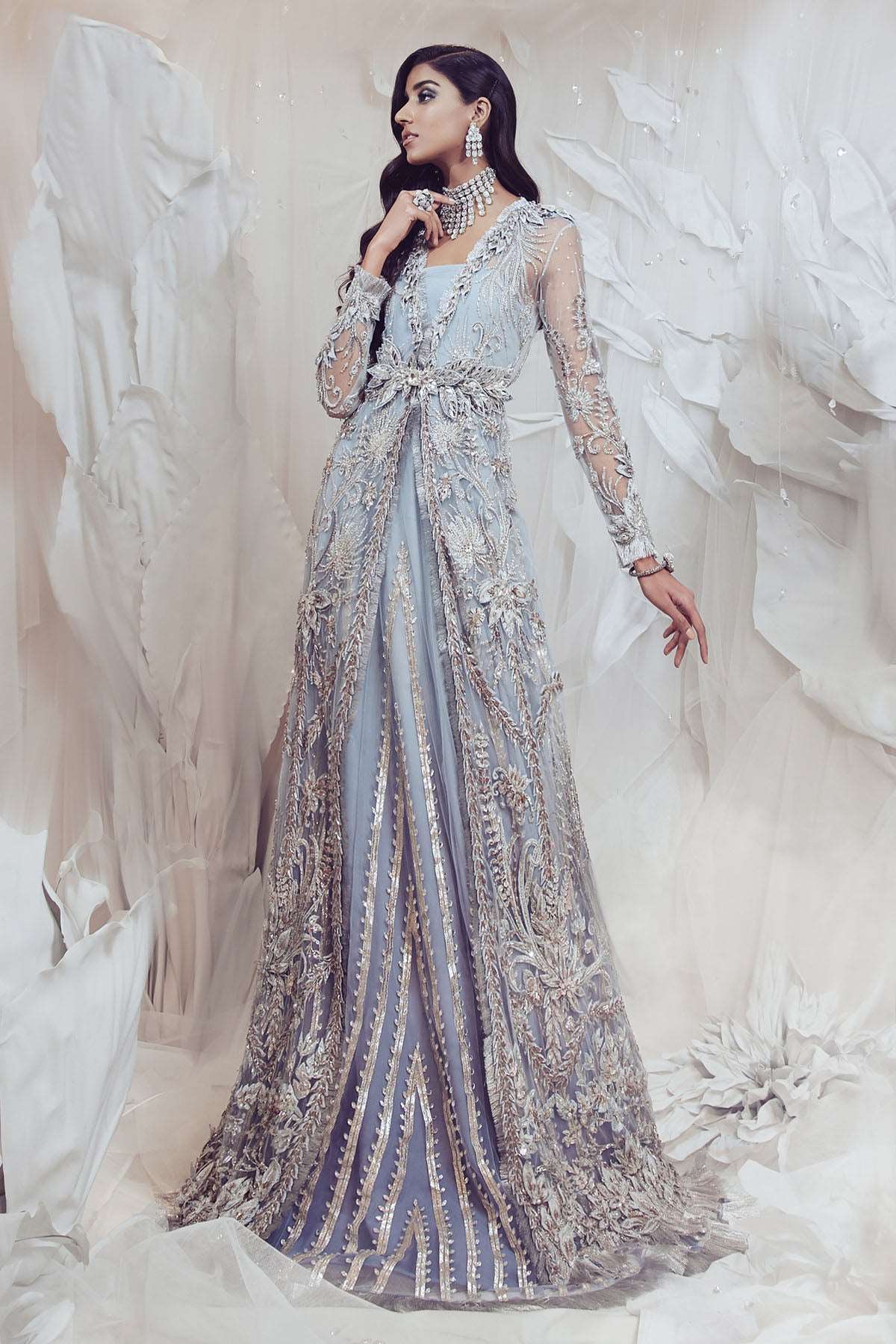 Blue Ombré Embellished Net Bridal Gown (3-Piece) - Image 1