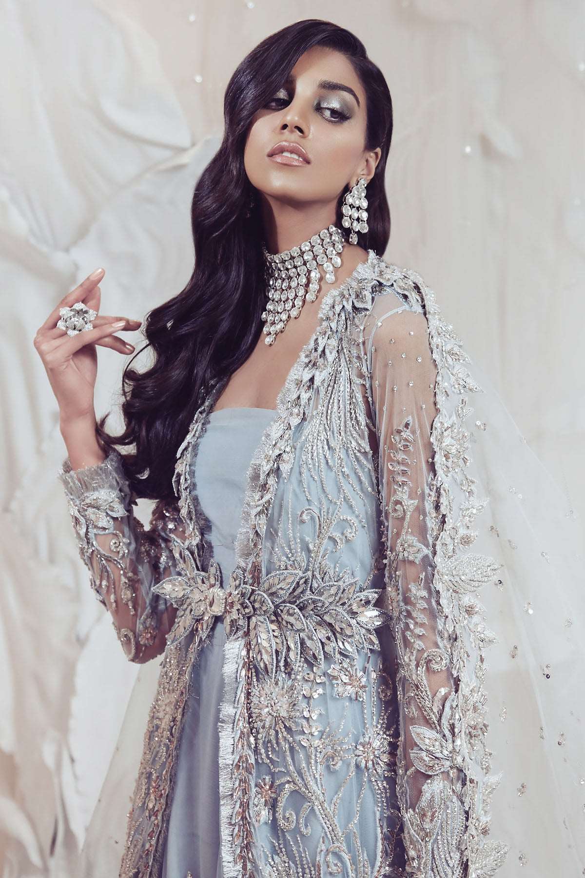 Blue Ombré Embellished Net Bridal Gown (3-Piece) - Image 2