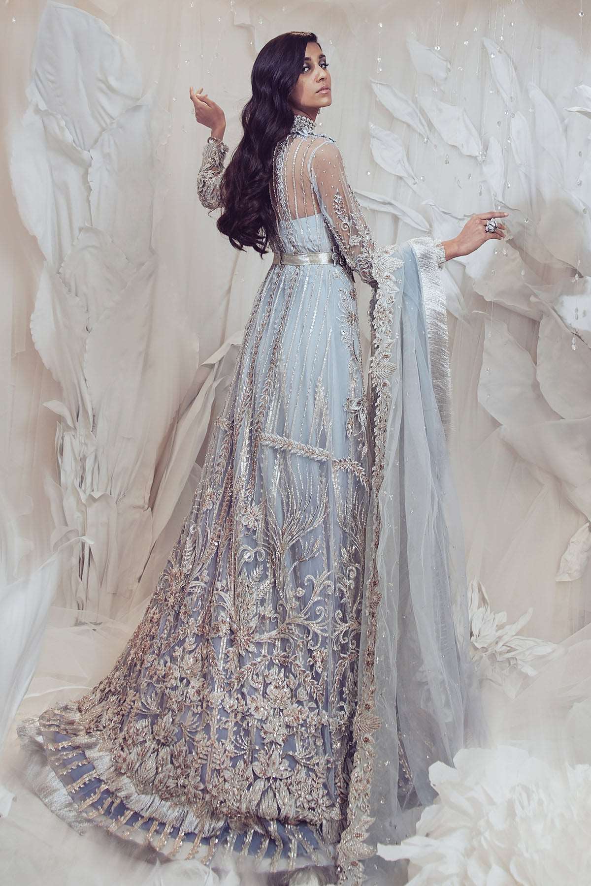 Blue Ombré Embellished Net Bridal Gown (3-Piece) - Image 3