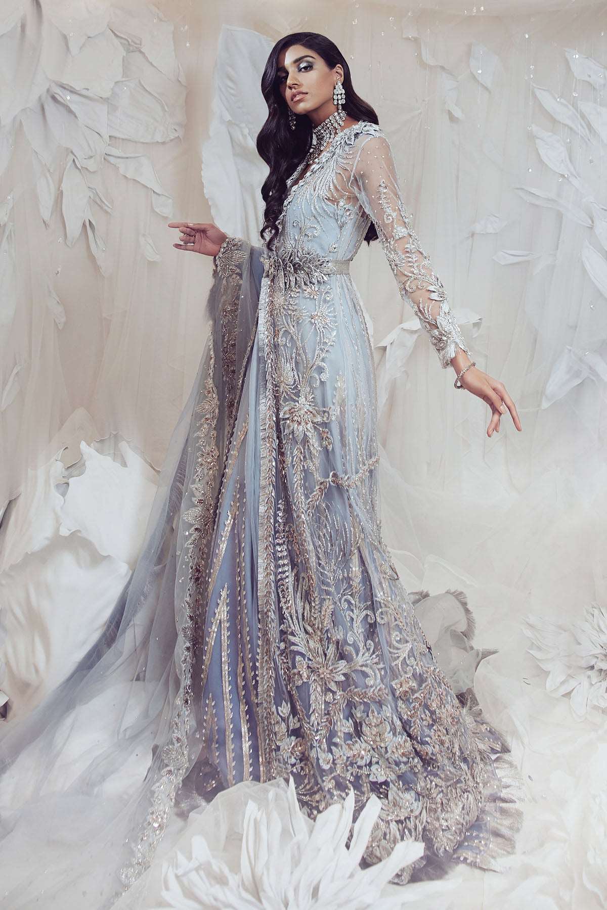 Blue Ombré Embellished Net Bridal Gown (3-Piece) - Image 4