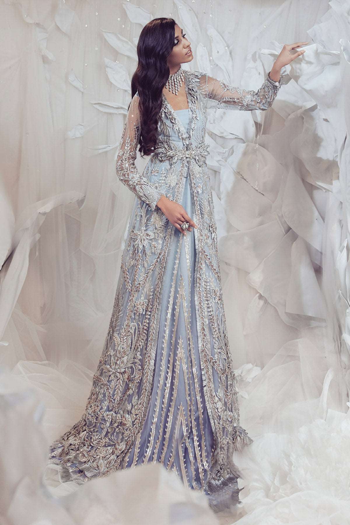 Blue Ombré Embellished Net Bridal Gown (3-Piece) - Image 5