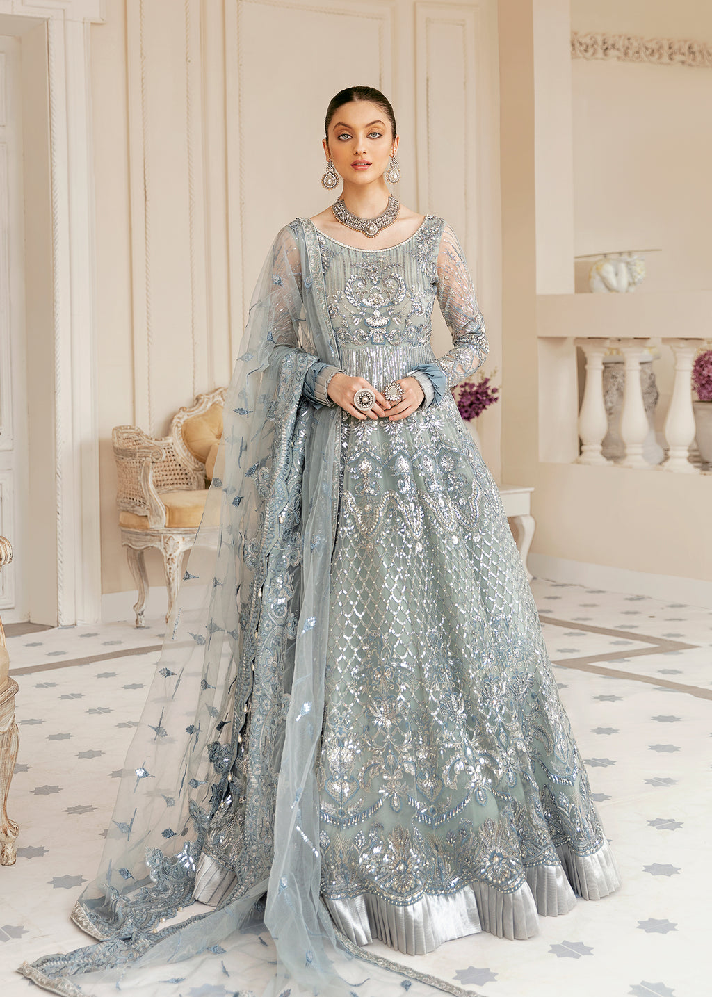 Pakistani Ice Blue Hand-Embellished Net Bridal Gown (2-Piece) - Image 1