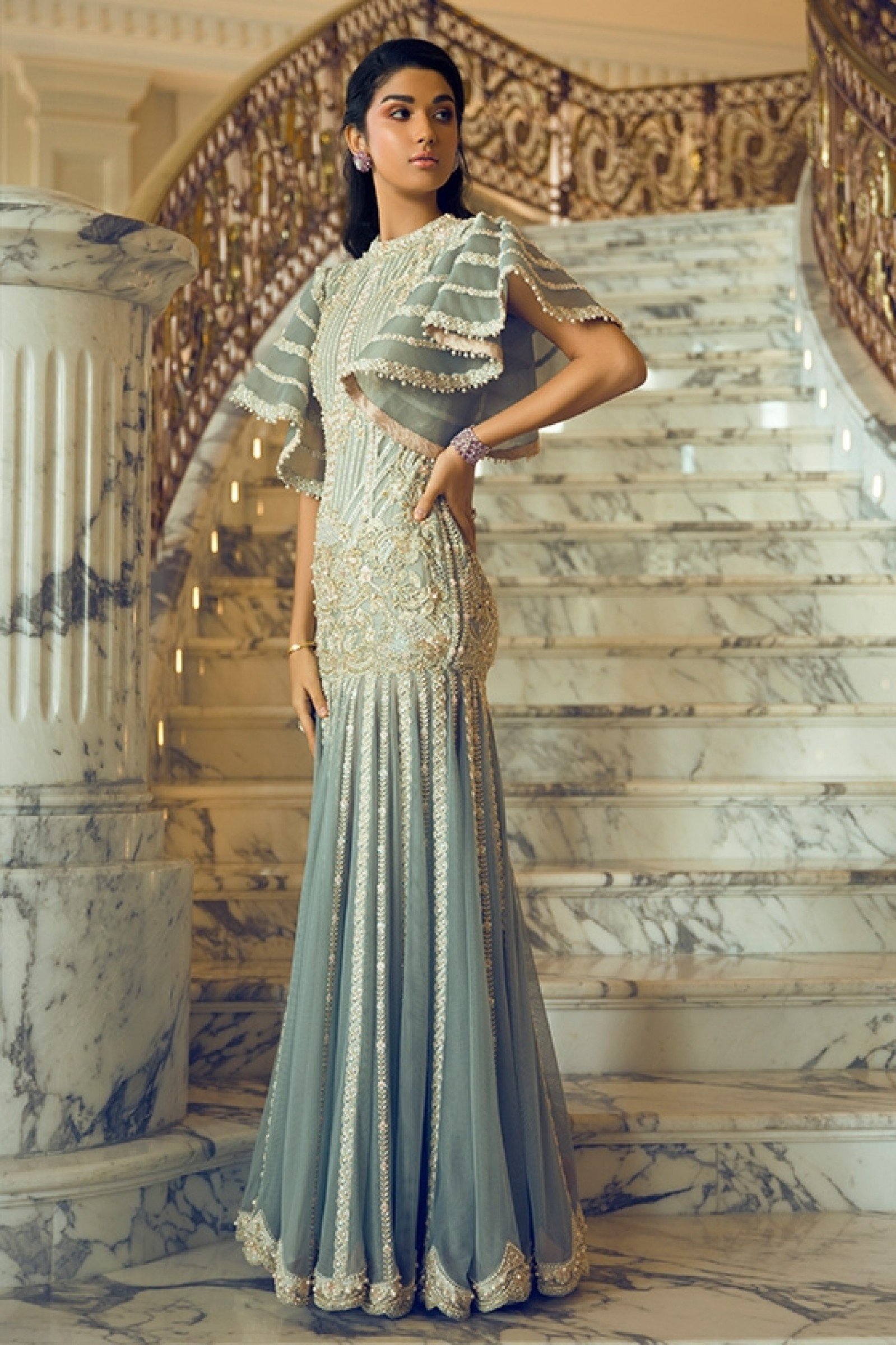 Pakistani Pale Blue Embroidered Net Silk-Blend Gown (1-Pc) - Image 1