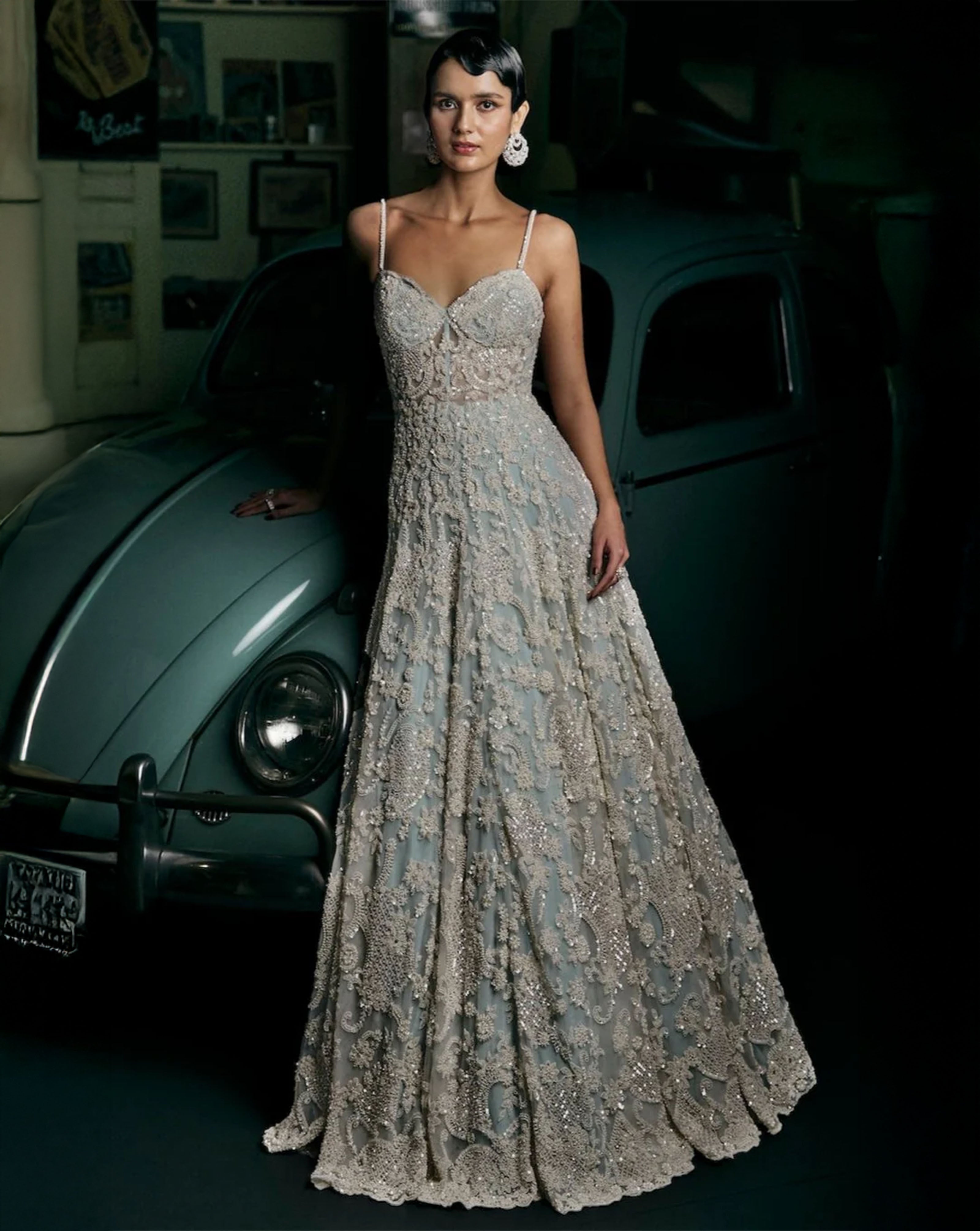 Indian Powder Blue Embellished Net Gown (1-Pc) - Image 1