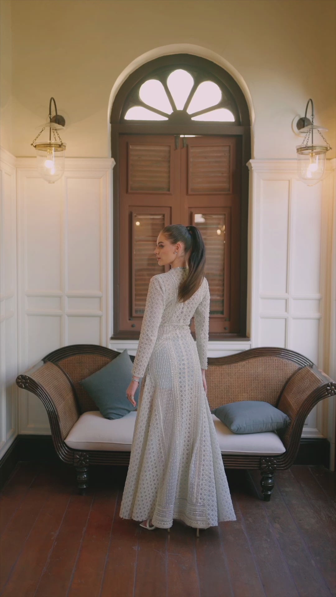 Pakistani Powder Blue Embellished Net Gown (1-Pc) - Image 7