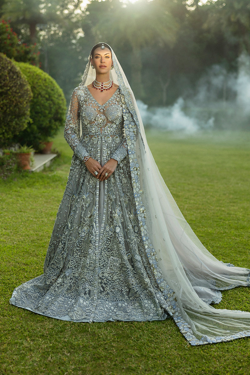 Ice Blue Embellished Net & Raw Silk Bridal Gown (2-Piece) - Image 1