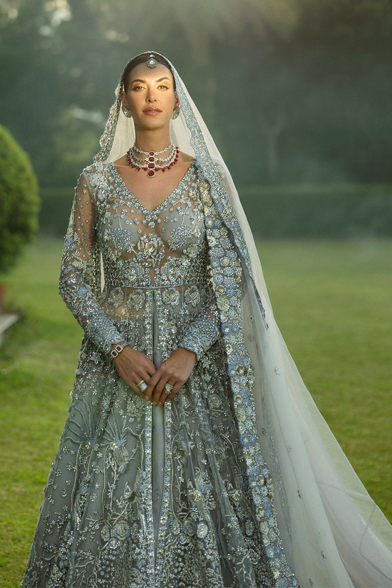 Ice Blue Embellished Net & Raw Silk Bridal Gown (2-Piece) - Image 2