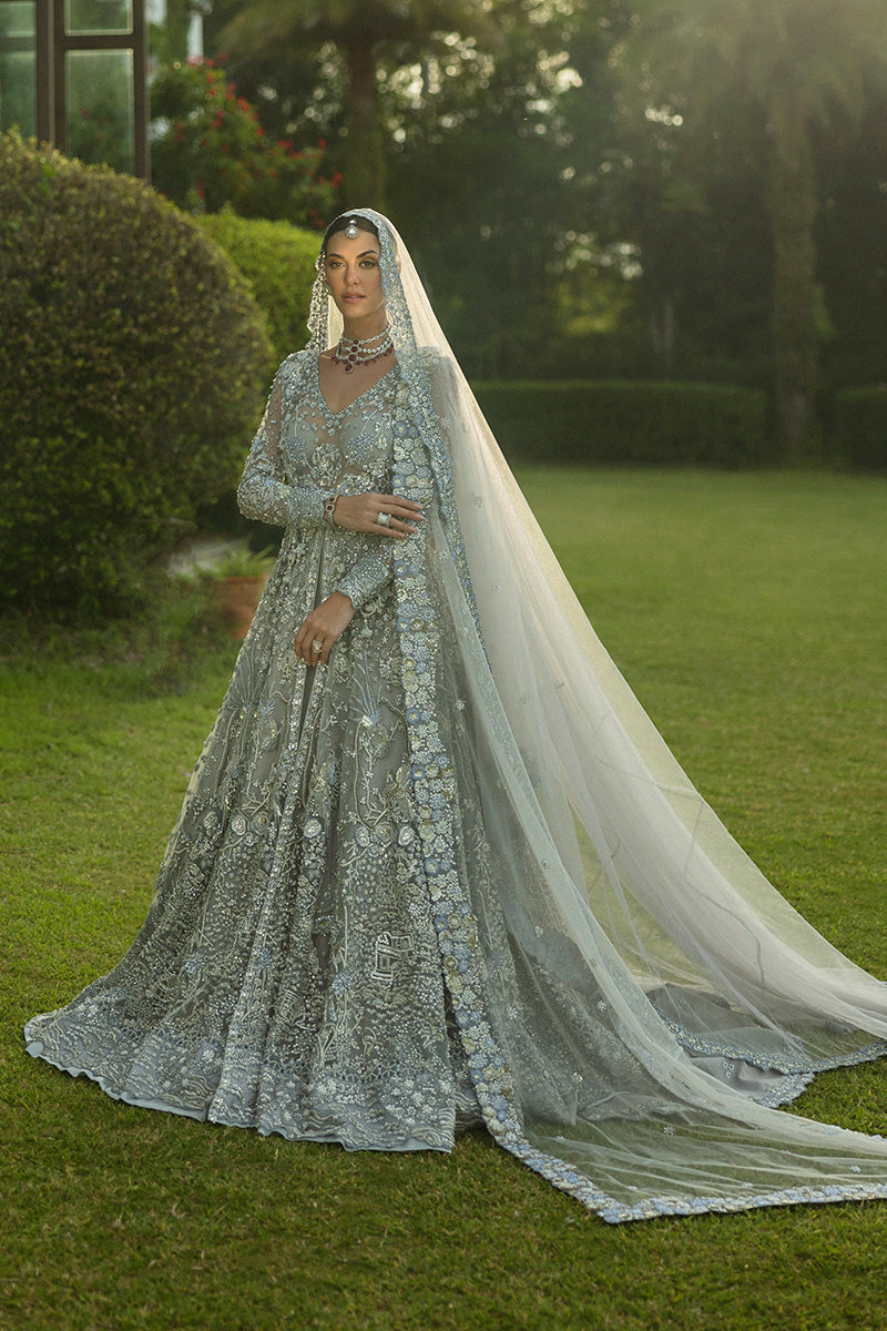 Ice Blue Embellished Net & Raw Silk Bridal Gown (2-Piece) - Image 4