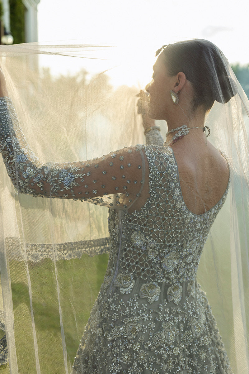 Ice Blue Embellished Net & Raw Silk Bridal Gown (2-Piece) - Image 6