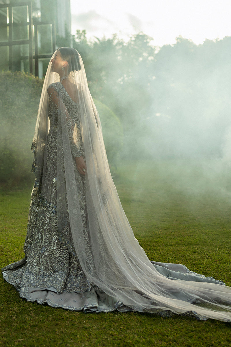 Ice Blue Embellished Net & Raw Silk Bridal Gown (2-Piece) - Image 7