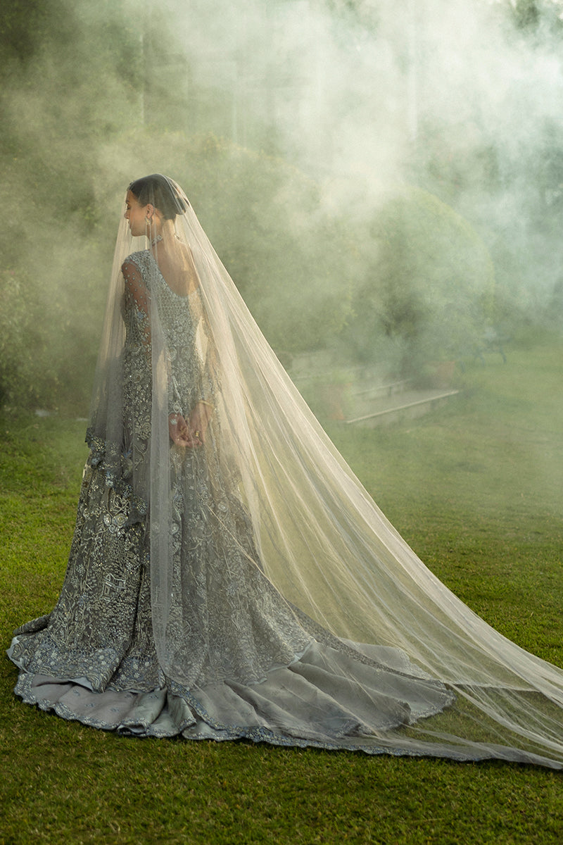 Ice Blue Embellished Net & Raw Silk Bridal Gown (2-Piece) - Image 8