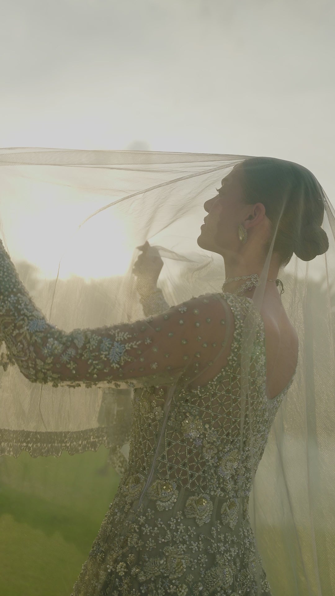 Ice Blue Embellished Net & Raw Silk Bridal Gown (2-Piece) - Image 9