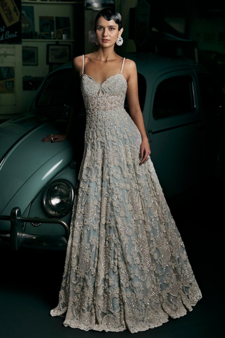 Powder Blue Pearl Embellished Net Gown (1-Pc) - Image 1