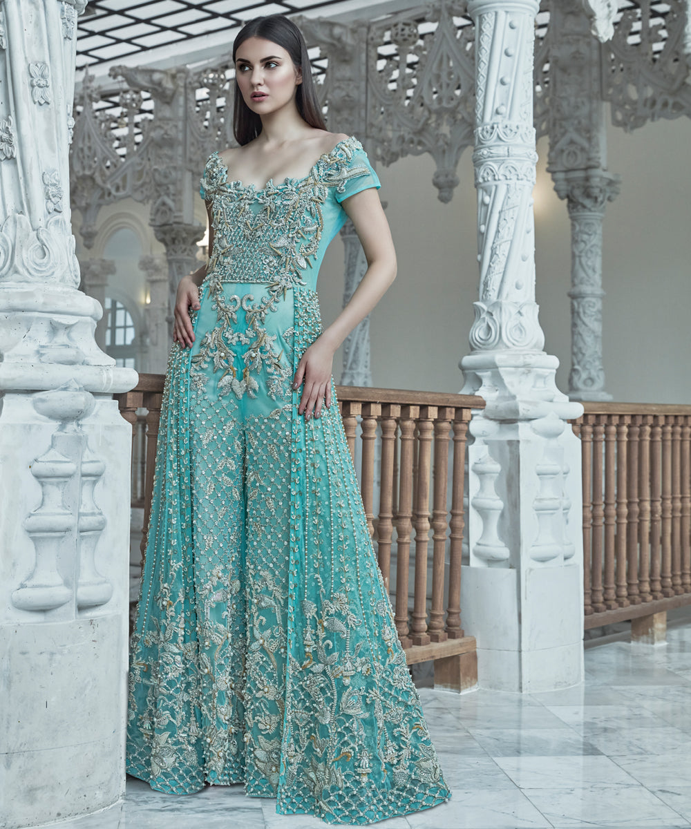 Pakistani Aqua Pearl Sequin Net Gown (1-Pc) - Image 1