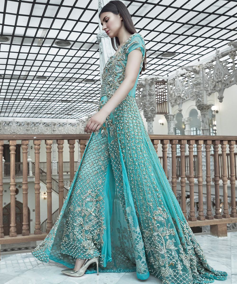 Pakistani Aqua Pearl Sequin Net Gown (1-Pc) - Image 2
