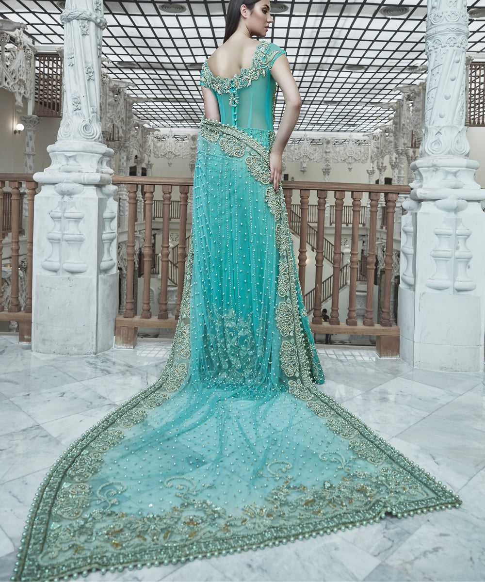 Pakistani Aqua Pearl Sequin Net Gown (1-Pc) - Image 3