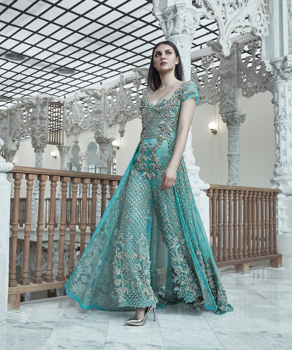 Pakistani Aqua Pearl Sequin Net Gown (1-Pc) - Image 4