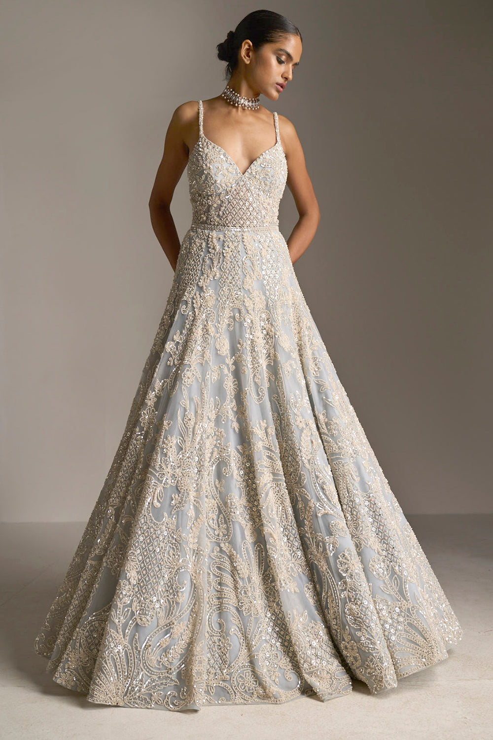 Ice Blue Embroidered Net Gown (1-Pc) - Image 1