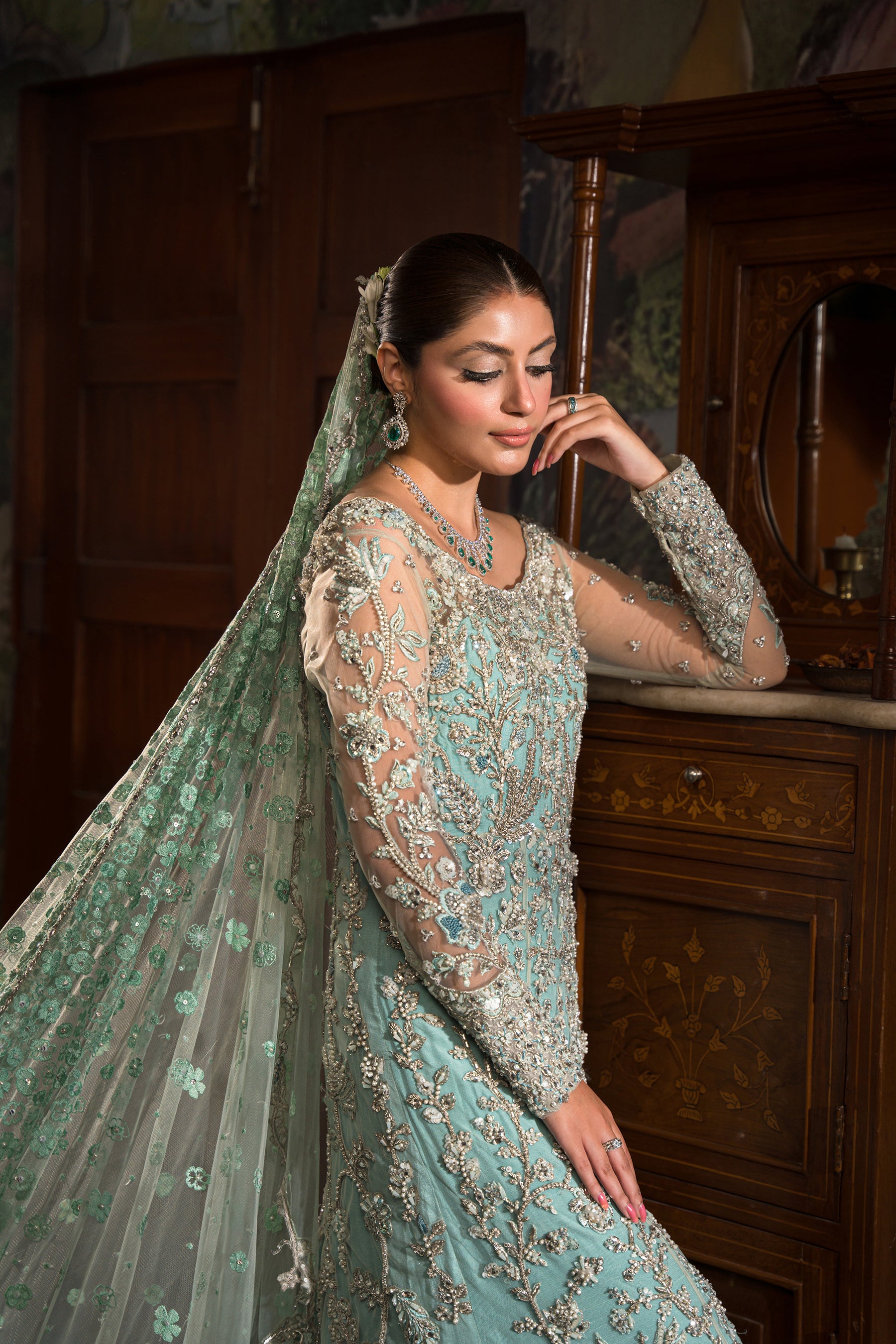 Pakistani Mint and Soft Blue Embroidered Net Bridal Gown (2-Piece) - Image 3