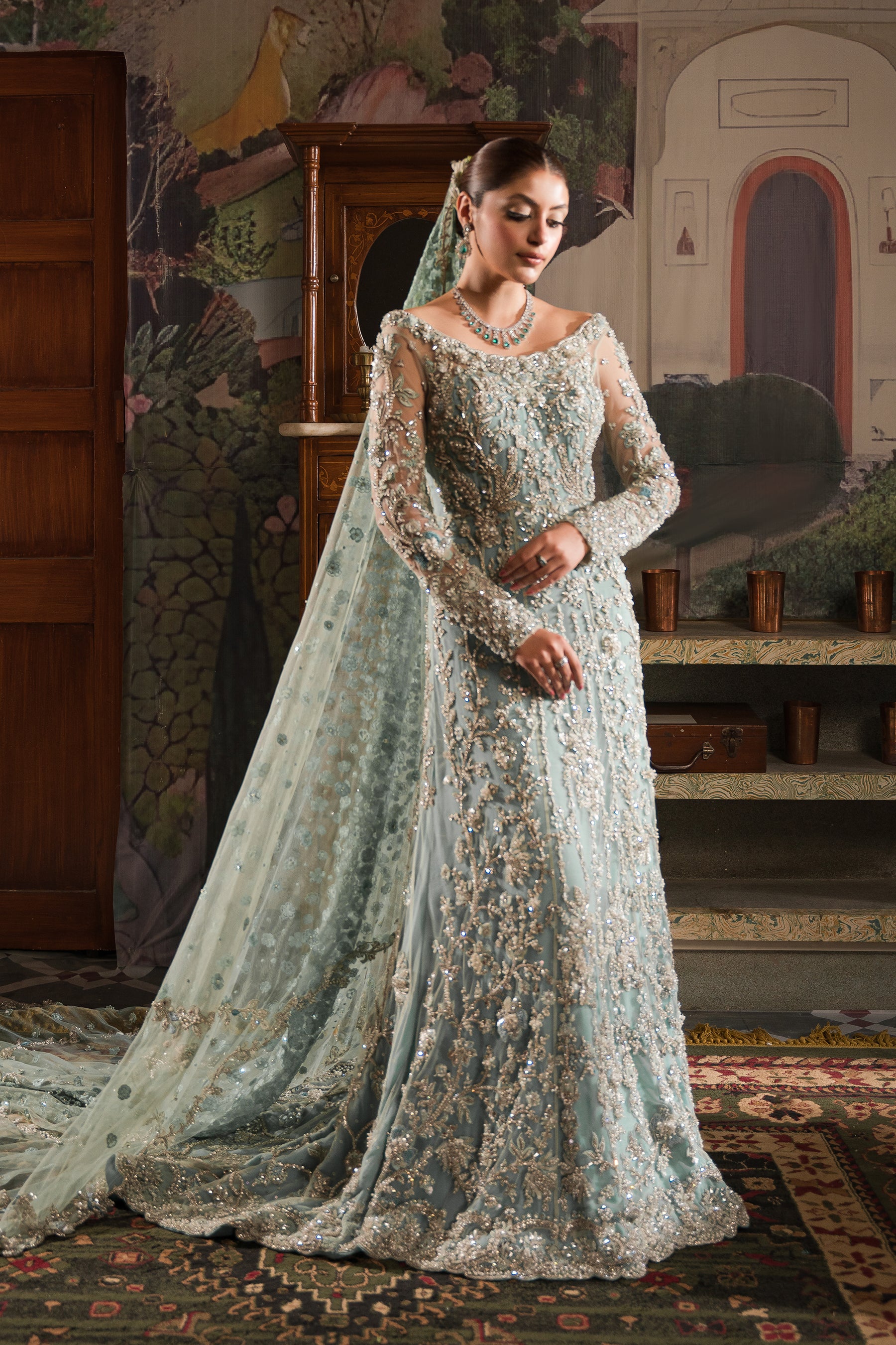 Mint and Soft Blue Embroidered Net Bridal Gown (2-Piece) - Image 1