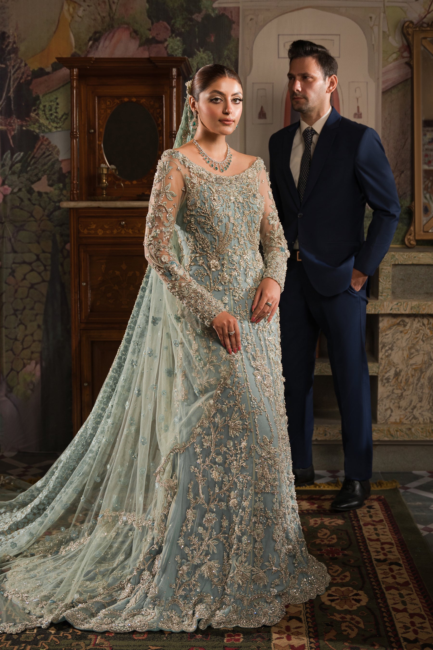 Mint and Soft Blue Embroidered Net Bridal Gown (2-Piece) - Image 6