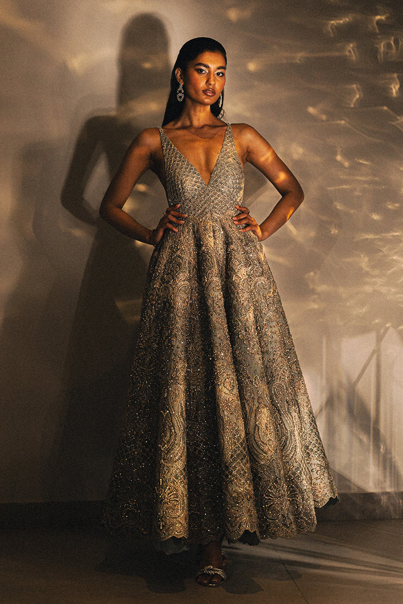 Pakistani Ice Blue Embellished Net Gown (1-Pc) - Image 1